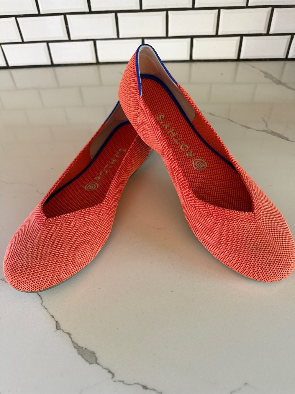 Rothy's The Flat Round-Toe Knit Ballet Flats in Persimmon Marine Stripe, Sz 8.5